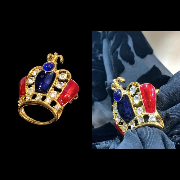 Vintage Jeweled Gold Crown Brooch Scarf Slide | Red Blue Rhinestones - Picture 5 of 7